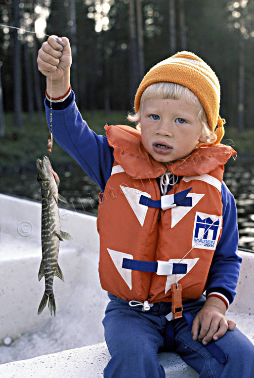 Barn med fiskad gädda barn, fiske, flytväst, gädda, gäddfiske, haspel, haspelfiske, spinn, spinnfiske, sportfiske