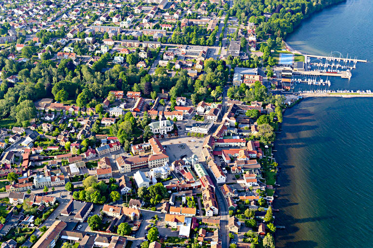 Flygfoto över Hjo drönarbild, drönarbilder, drönarfoto, flygbild, flygbilder, Flygfoto, flygfoton, Hjo, samhällen, sommar, Västergötland