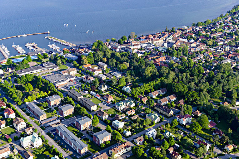 Flygfoto över Hjo drönarbild, drönarbilder, drönarfoto, flygbild, flygbilder, Flygfoto, flygfoton, Hjo, samhällen, sommar, Västergötland