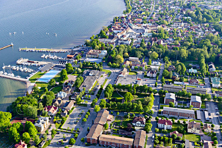 Flygfoto över Hjo drönarbild, drönarbilder, drönarfoto, flygbild, flygbilder, Flygfoto, flygfoton, Hjo, samhällen, sommar, Västergötland