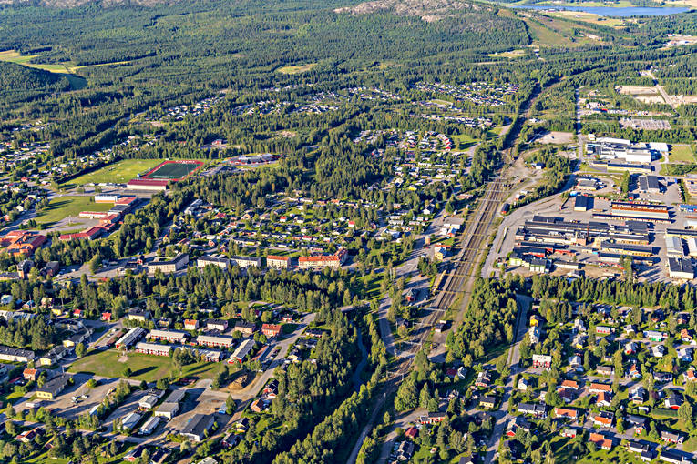 Flygfoto över Älvsbyn drönarbilder, drönarfoto, flygbild, flygbilder, Flygfoto, flygfoton, Norrbotten, samhällen, sommar, Älvsbyn