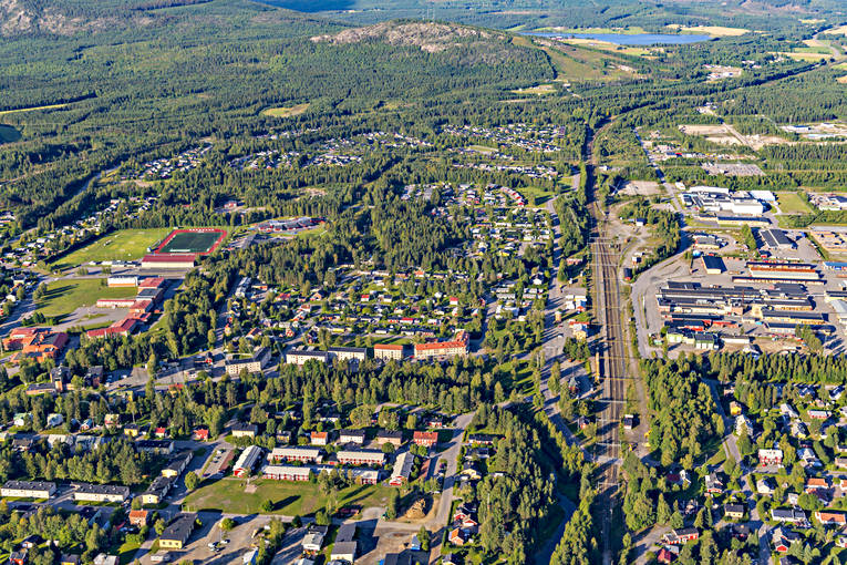Flygfoto över Älvsbyn drönarbilder, drönarfoto, flygbild, flygbilder, Flygfoto, flygfoton, Norrbotten, samhällen, sommar, Älvsbyn