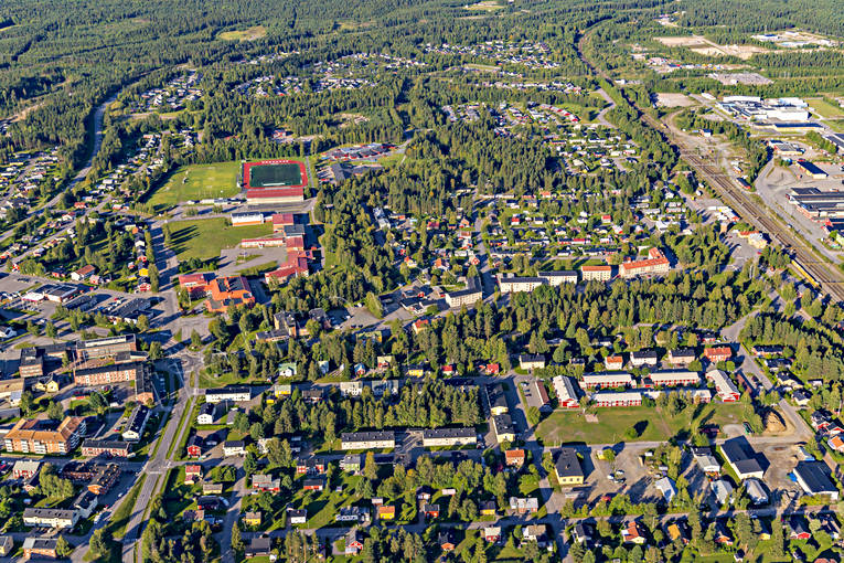 Flygfoto över Älvsbyn drönarbilder, drönarfoto, flygbild, flygbilder, Flygfoto, flygfoton, Norrbotten, samhällen, sommar, Älvsbyn