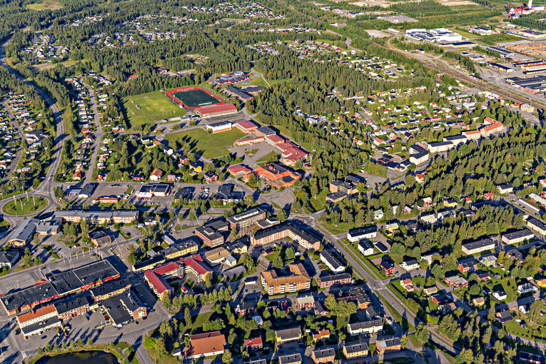 Flygfoto över Älvsbyn drönarbilder, drönarfoto, flygbild, flygbilder, Flygfoto, flygfoton, Norrbotten, samhällen, sommar, Älvsbyn