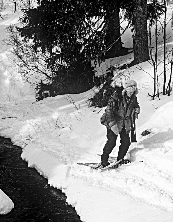 Fångstman vid bäck bergstrand, fångst, fångstman, jakt, minkfångst, snöskor, trappern, trappern Bergstrand