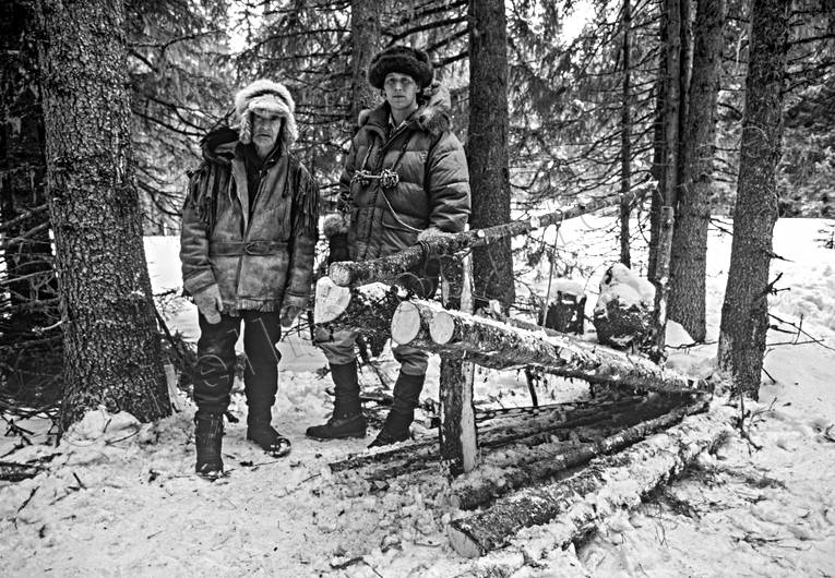 Fångstmän vid järvflake flakfälla, fångst, fälla, jakt, järvflake