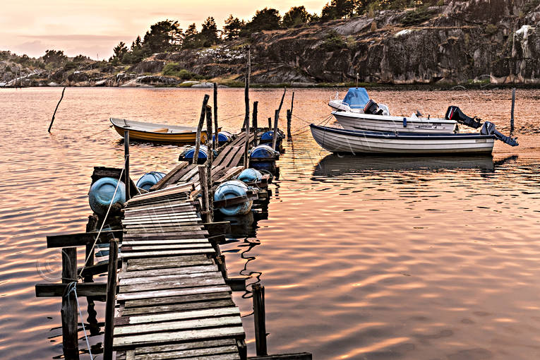 Bohuslän, brygga, båt, gammal, hav, kommunikationer, Långekärr, sjö, sjöfart, solnedgång, sommar, årstider