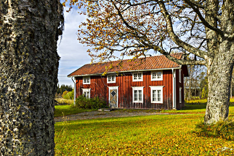Gammal gård vid Skalstugevägen anläggningar, byggnader, gammal, gårdar, hus, höst, Jämtland, Landskap, rädmålad, Skalstugevägen