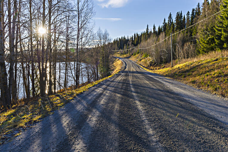 Grusväg i soluppgång grusväg, höst, Jämtland, kommunikationer, landfart, Landskap, soluppgång, väg, vägar