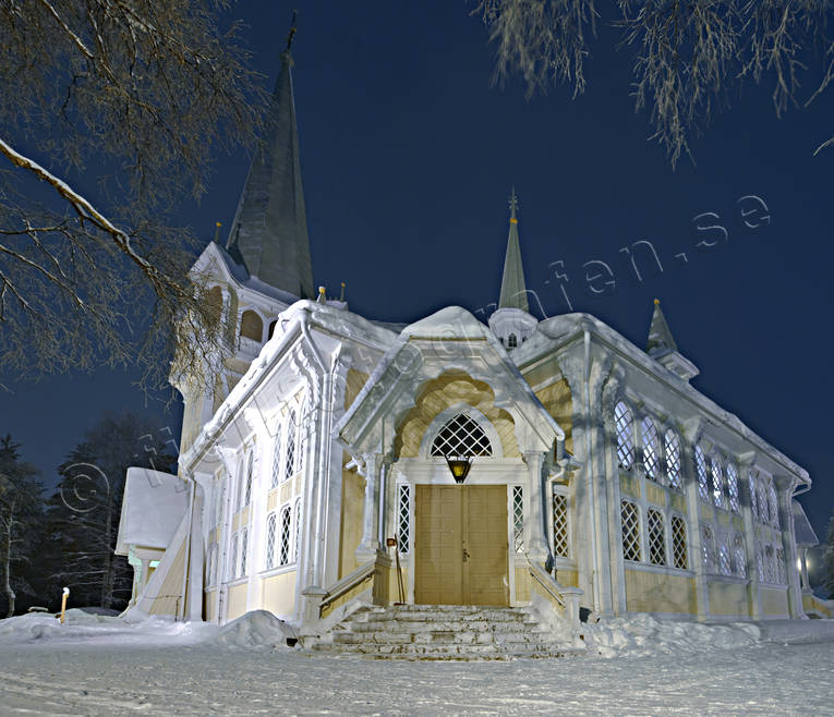 byggnader, Jokkmokk, Jokkmokks kyrka, kyrka, kyrkbyggnad, kyrkogård, kyrkor, lappland, nattbild, samhällen, viunterbild
