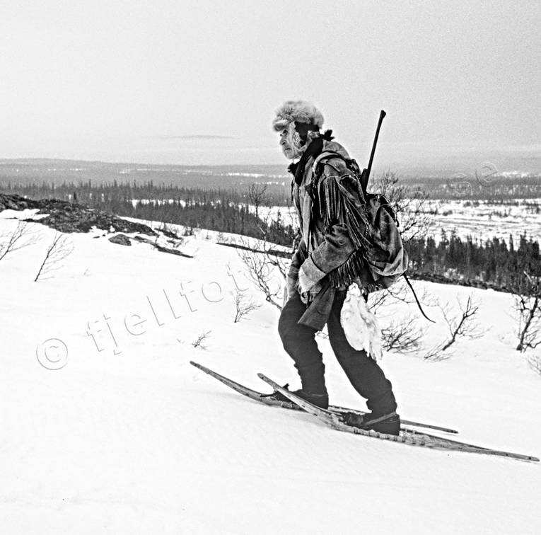 Jägare på ripjakt bergstrand, fjälljakt, fångst, fångstman, jakt, ripjakt, snöskor, trappern, trappern Bergstrand