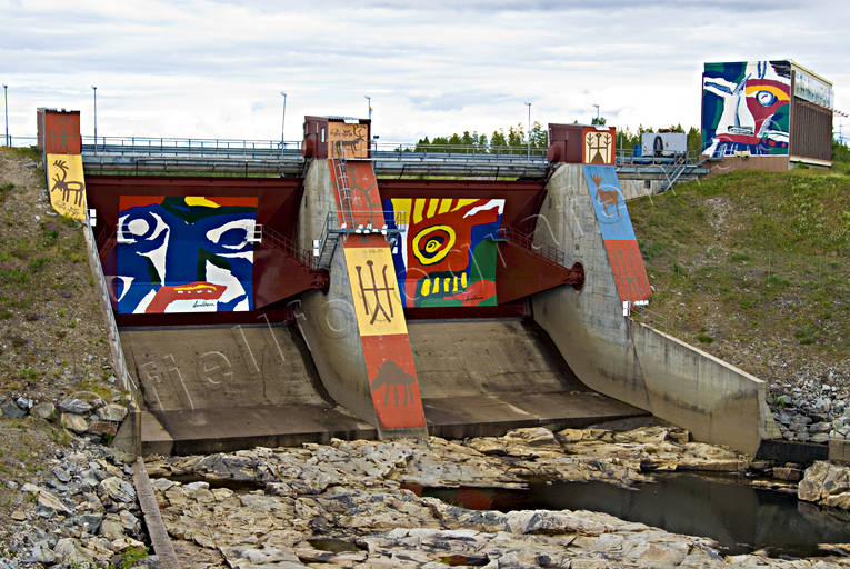 Kraftverkskonst av Bengt Lindström byggnationer, damm, dammluckor, Jokkmokk, konstverk, kraftverk, kraftverksdamm, lappland, Lindström, luckor, målning, samhällen