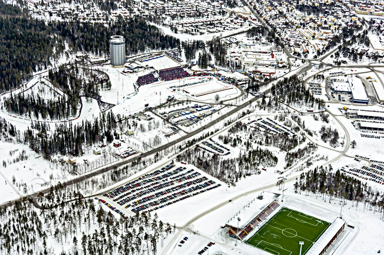 Skidstadion Östersund Flygfoto Arctura, drönarbilder, drönarfoto, flygbild, flygbilder, Flygfoto, flygfoton, Jämtland, skidskytte, Skidstadion, städer, tävlingsarena, vinter, VM 2008, Östersund