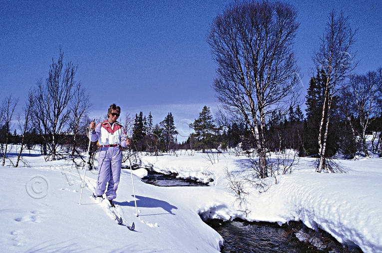 Skidåkare vid vårbäck skidor, skidåkning, turåkare, turåkning, uteliv, vinter, vårvinter, äventyr