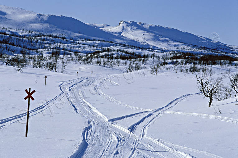 Skoterled på fjället fjäll, Friningen, Jämtland, Landskap, led, ledmarkering, Saljaren, skoterled, vinter