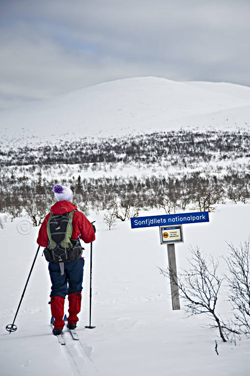 Sonfjällets nationalpark fjäll, fjällen, Härjedalen, Landskap, nationalpark, nationalparker, skidåkare, skidåkning, skylt, Sododalen, Sonfjället, turåkning, vinter