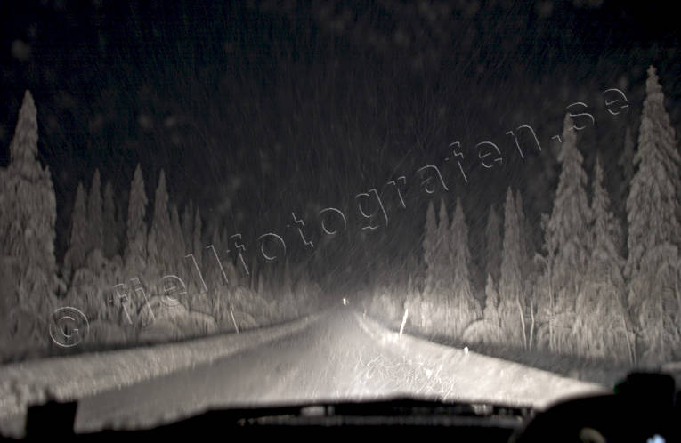 Vinterväg i snöoväder biltrafik, Fjällsjönäs, halka, kommunikationer, landfart, mörker, oväder, snö, snöstorm, snöväder, storm, trafik, vinter, vinterväg