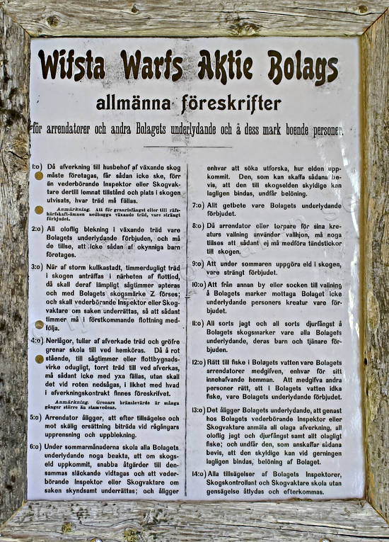 Wifsta Warfs föreskrifter arbete, arrendatorer, bolag, bolagsskog, föreskrifter, skog, skogsbolag, skogsbruk, skogvaktare, skylt, wifsta warf