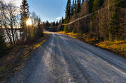 grusväg, husåvägen, höst, Jämtland, kommunikationer, landfart, landskap, soluppgång, väg