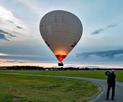 ballong, flyg, flygfält, fotografering, kommunikationer, kväll, luftballong, luftfart, Optand, start, varmluftsballong