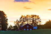 byggnader, himmel, Jmtland, ladugrd, landskap, natt, rodnad, sommarnatt